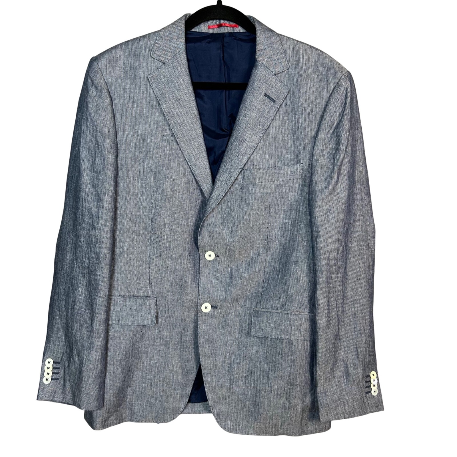 Gant Sport Coat Mens 46" X 30" Blue Herringbone 100% Linen 2-Button Blazer
